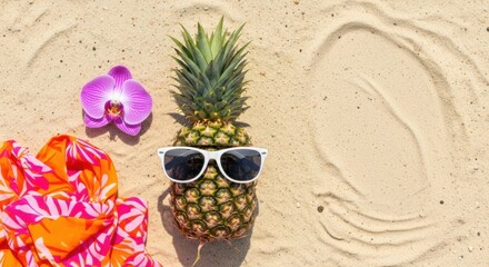 Pineapple on Beach with Sunglasses and Flower