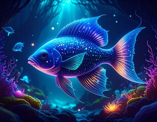 Fototapeta premium Vibrant illustration of a luminous fish navigating a mystical deep-sea coral garden with glowing marine life