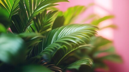 Lush Green Plant Leaves in Bright Pink Background with Soft Focus