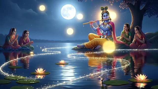 Celestial Melody - Krishnas Divine Flute Music Charms the Gopis in a Magical Moonlit Night  for janmashtami, govardhan puja