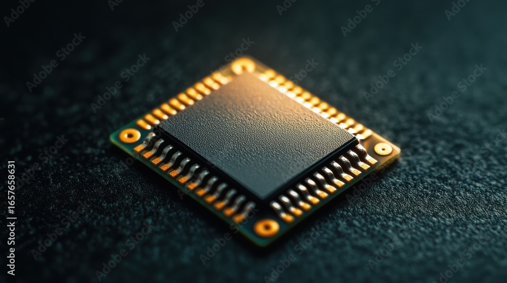 Poster close-up view of a sleek microchip on dark background