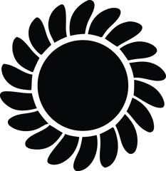 Abstract black and white graphic representing a stylized sun or flower with radiating petal like shapes and a central circle