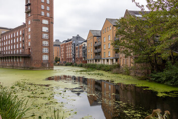 View of a historic red brick industrial-style building beside a canal covered with green algae, with modern apartments nearby