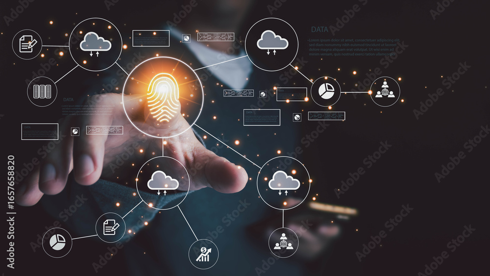 Fototapete businessman touching a glowing fingerprint on a virtual interface for biometric authentication to ac