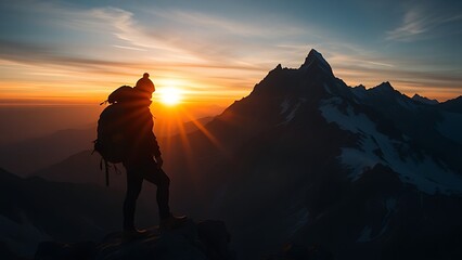 Obraz premium Silhouette of mountain climber at sunrise with dramatic landscape