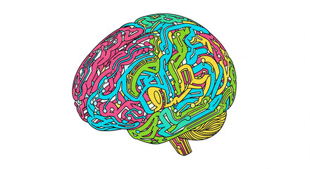 "Vibrant colorful brain illustration with abstract lines and digital patterns, symbolizing creativity, innovation, and artificial intelligence. Perfect for science, technology, and education concepts.