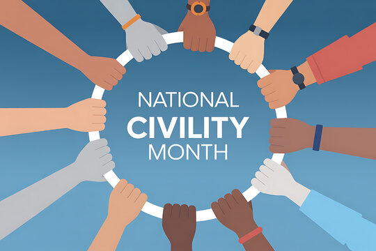Diverse hands unite around a circle promoting National Civility Month, fostering unity and respect for a harmonious community.