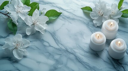Elegant White Flowers and Candles on Beautiful Marble Surface