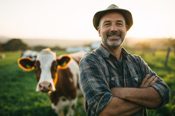 Smiling farmer standing confidently in a green pasture with a cow at sunset on a peaceful farm