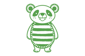 Green cute panda smiles while wearing a striped shirt against a white background
