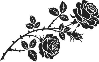 Silhouette Rose Branch with Thorns, on a Transparent Background