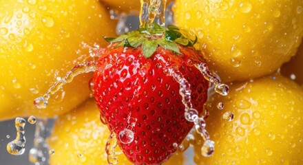 Juicy strawberry splashing into refreshing water with ripe lemons background
