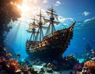 Fototapeta premium Sunken Treasure A Sunken Galleon's Underwater Realm
