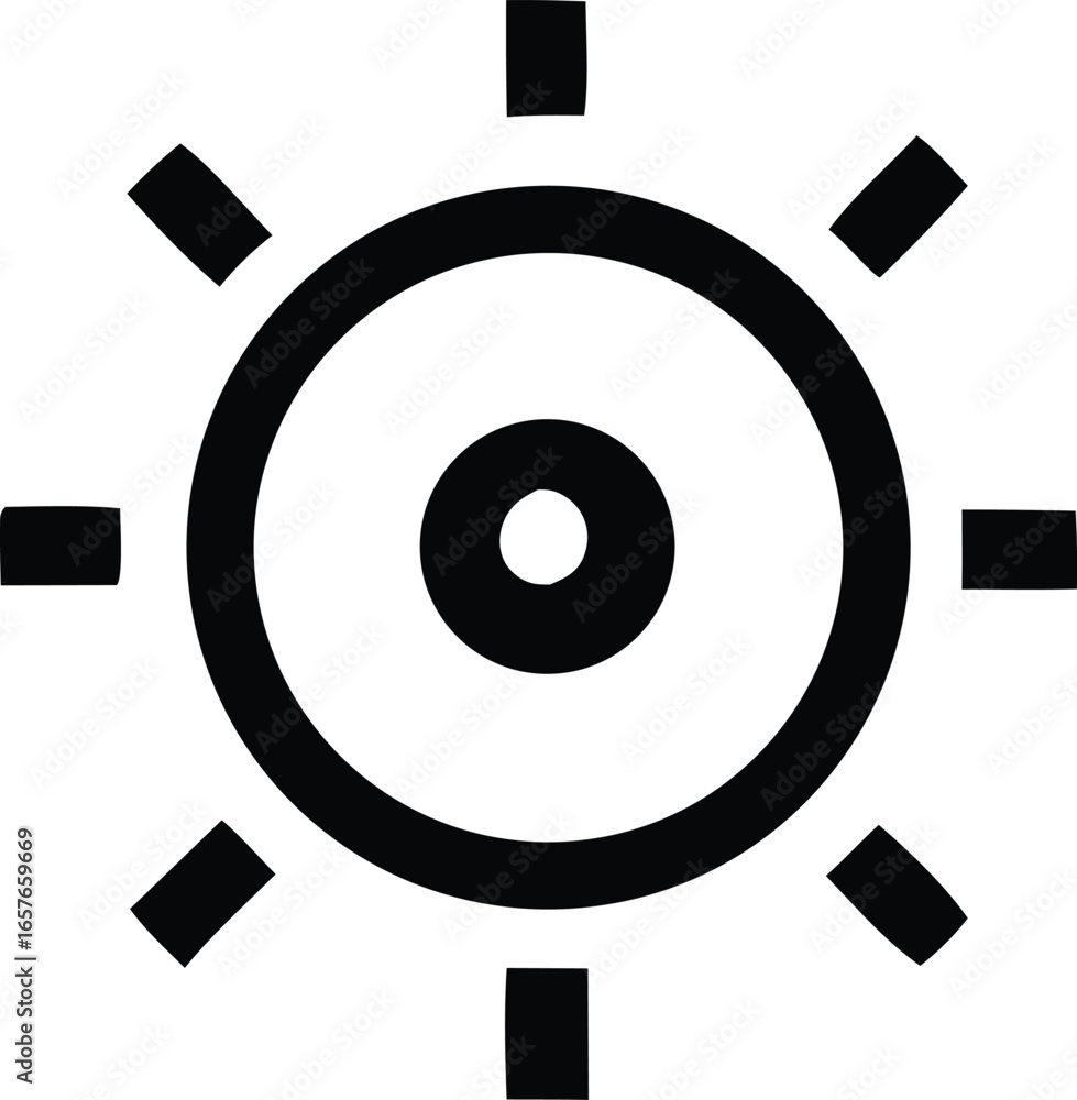 Poster abstract geometric symbol resembling a stylized sun or compass with radiating lines and concentric c