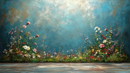 Colorful Floral Landscape with Textured Background and Blue Sky