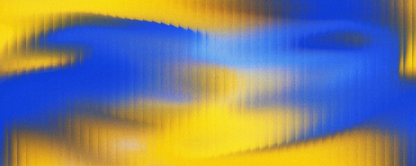 Abstract background of glowing blue yellow waves with stripes effect in the dark. Refraction of wavy striped glass.