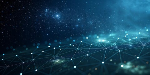 Abstract cosmic network of glowing interconnected nodes and lines shimmering against a deep blue starry nebula background symbolizing digital connections and the vastness of space