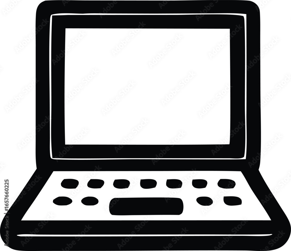 Poster simple hand drawn sketch of an open laptop computer with a blank screen and keyboard