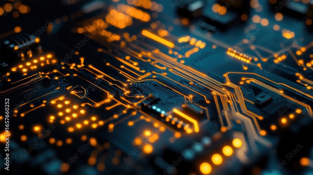 Poster close-up view of illuminated circuit board pathways indoors