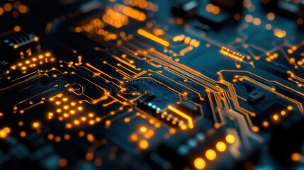 Close-up view of illuminated circuit board pathways indoors