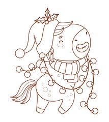 Outline Happy Cheerful Christmas Horse in Santa hat with Garland. Funny New Year kawaii animal. Line drawing, coloring book. Vector illustration. 2026 Eastern calendar, symbol year. Not AI