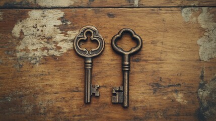 Antique keys lying flat on wooden surface indoors