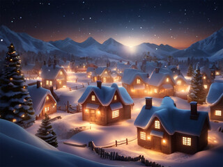 Fototapeta premium snow village at night with glowing windows, christmas house, snow village landscape