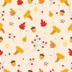 Autumn seamless pattern with leaves, acorns, mushrooms and berries,in warm tones,vector illustration.