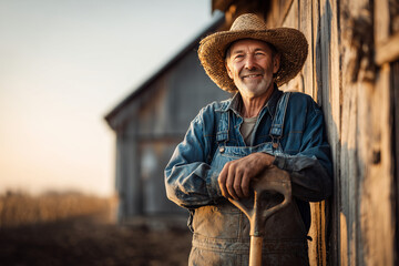 Fototapeta premium Smiling elderly farmer leaning on a shovel outside a rustic barn during golden hour