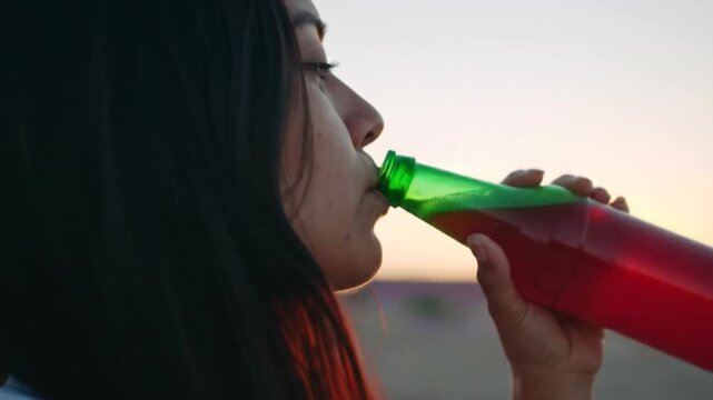 Pensive woman drinks at sunset