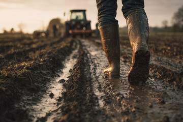 Naklejka premium Close-up of muddy boots walking through a wet farm field with a tractor in the background at sunset