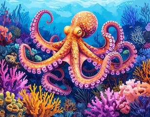 Obraz premium A magnificent octopus gracefully navigates the vibrant depths of a kaleidoscopic coral reef sanctuary