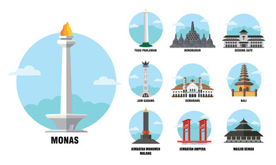 Indonesia landmarks vector graphic illustration set