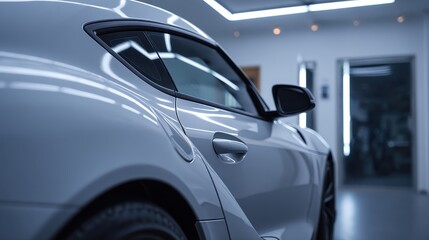 Close-up of a modern luxury car parked indoors with sleek design and reflective surfaces