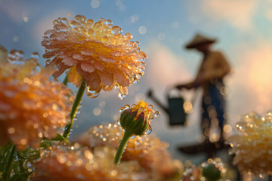 Morning dew covered orange marigold flowers with a blurred silhouette of a gardener watering at sunrise - Powered by Adobe