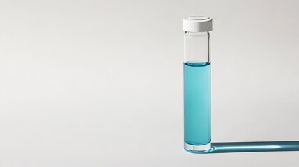Test tube with light blue liquid on white background
