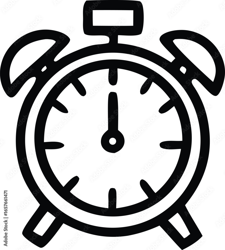 Poster classic alarm clock icon with bold black outline and simple design representing time and wake up