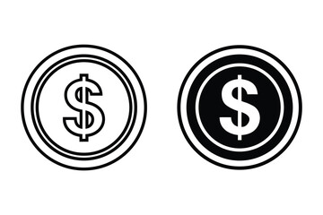 Dollar Coin Icons Set – Outline and Solid Currency Symbols for Finance and Banking