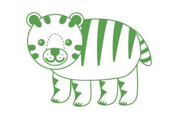 Green line art shows cute, simple cartoon tiger standing on a white background