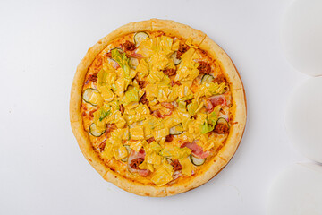 Delicious pizza topped with fresh veggies and melted cheese, ideal for sharing