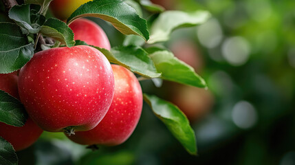 Obraz premium Close-up of juicy red apples growing on a tree branch in an orchard, glistening with water droplets, ready to be picked during the harvest season. Copy space
