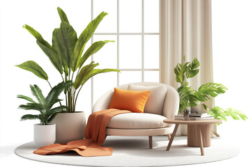 Cozy modern living room scene with plush armchair, plants, and warm throw, inviting relaxation and style.