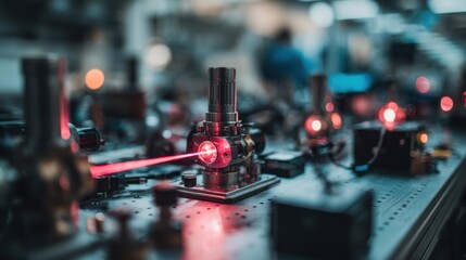 Close-up of a laser setup in a laboratory. Red lasers emit light from various devices on a workbench. The environment is high-tech and scientific.