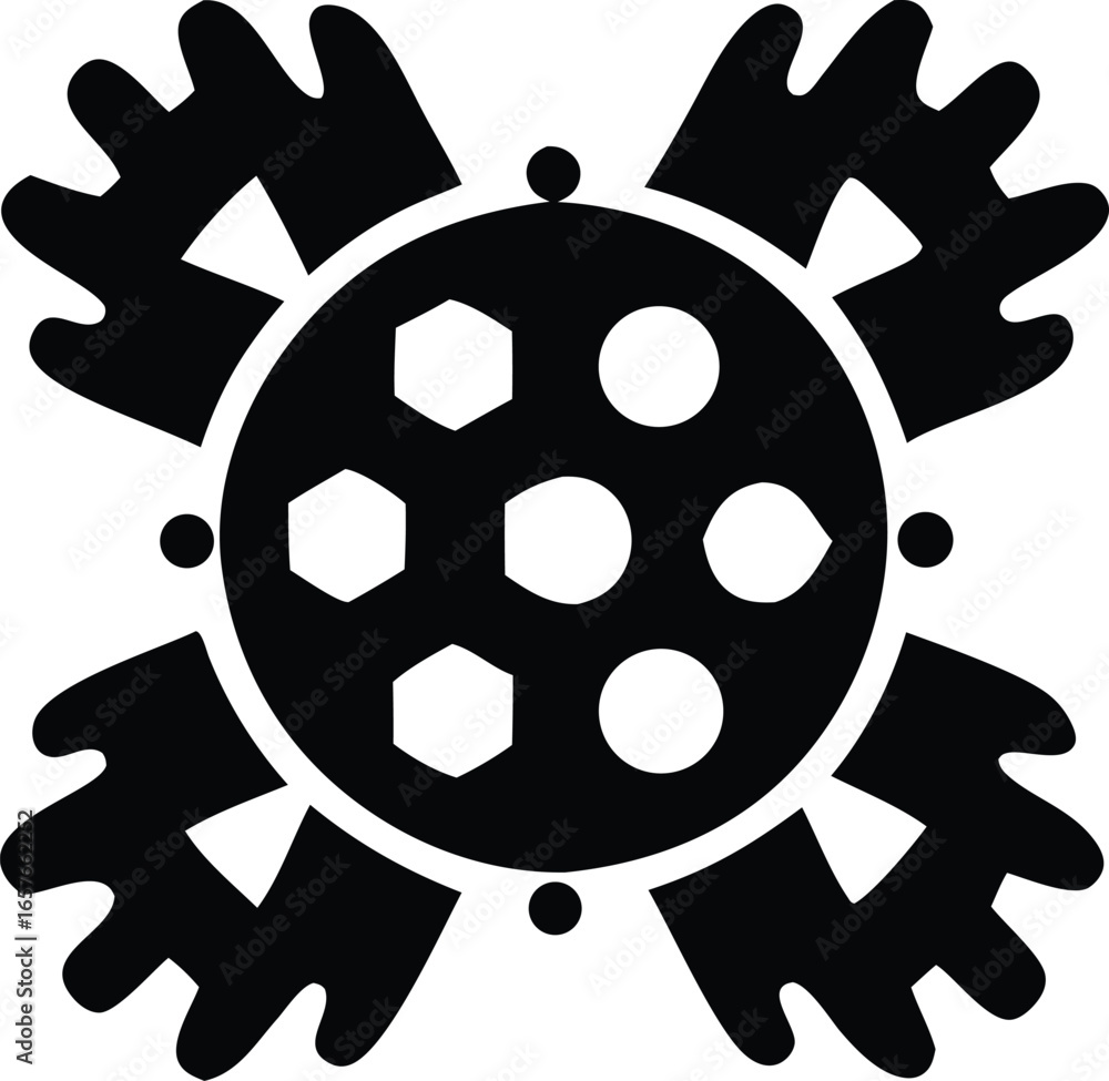 Poster intricate black and white geometric symbol with radial symmetry and circular core pattern