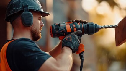 A construction worker drills into a surface, utilizing safety gear and a powerful drill on site. It exemplifies industrial precision and commitment to safety.
