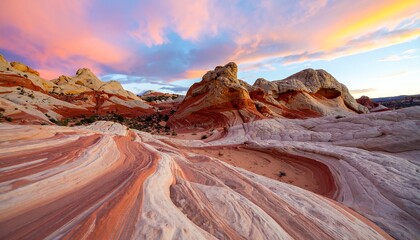 Colorful, striated rock formations at sunset.