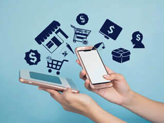“Hands Holding Smartphone with Shopping Icons – Online Shopping and Mobile Commerce Concept”