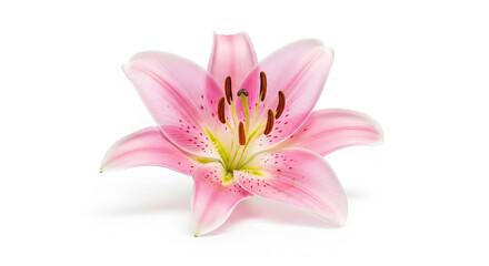 Fototapeta premium Beautiful single pink lily flower with prominent stamens, blooming, isolated on a transparent background.