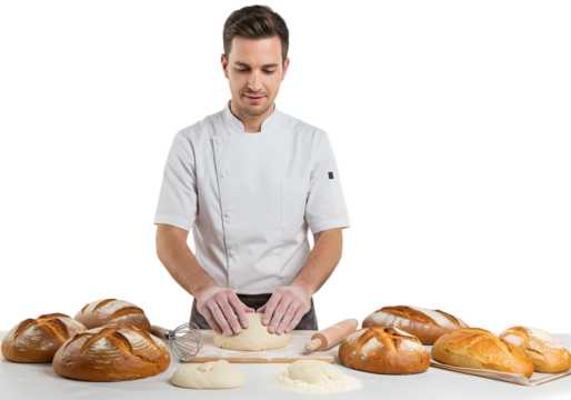 Baker Kneading Dough Surrounded by Artisan Breads isolated on transparent background