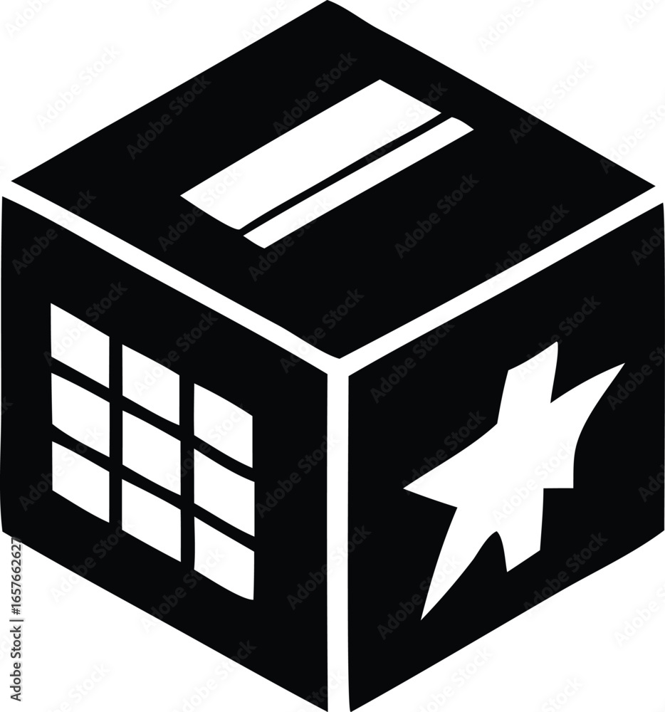 Poster stylized black and white icon of a cube with multiple symbols representing data and information